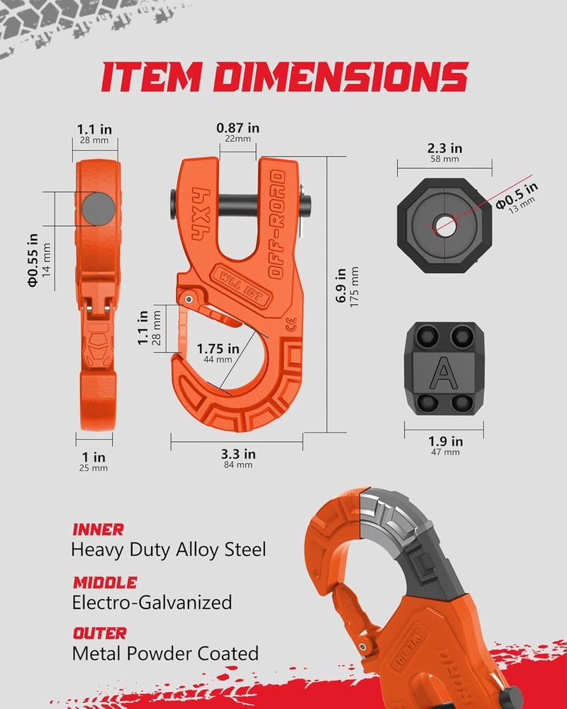 AMBULL 3/8" Tow Winch Hook with Cable Stopper, 10T Winch Hook, Upgrade Heavy Duty Forged Steel Winch Hook, 31967lbs Max Strength, Clevis Clip Hook Set for Synthetic Rope, Off-Road Vehicle, Orange - Image 4